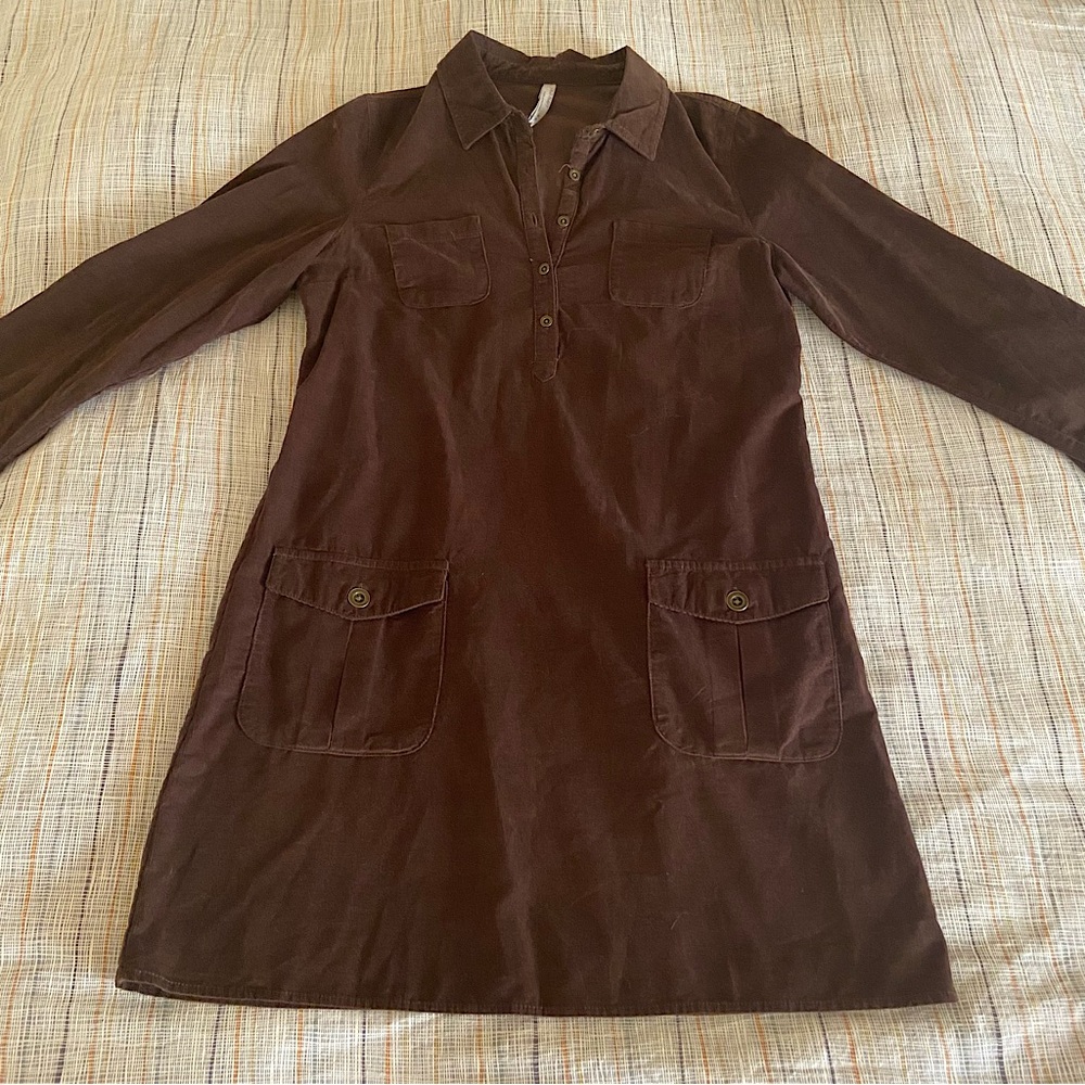 Brown corduroy pocket long sleeve shift dress